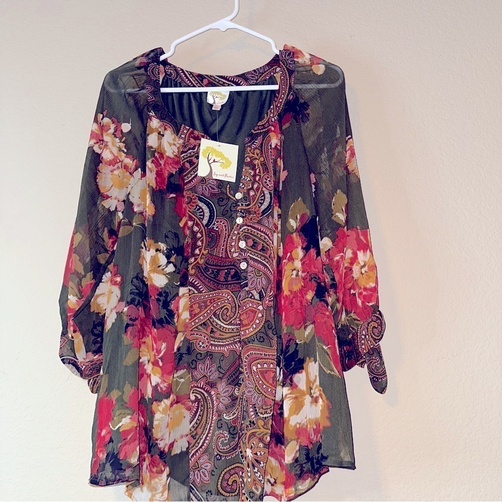 3/$25 Fig & Flower Fall Floral Sheer 3/4 Sleeves Tunic Blouse - Plus Size XXL